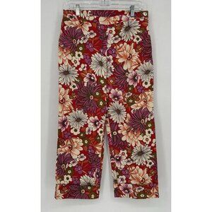 Vintage Floral Pants High Waist Red Pink Cottagecore Boho Retro Women's 10